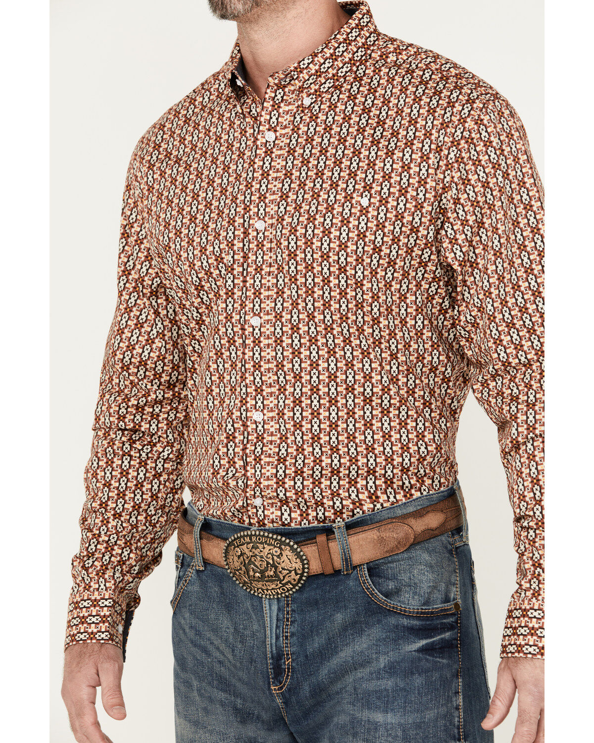 Image #3 - RANK 45® Men's Spur Printed Long Sleeve Button-Down Stretch Western Shirt, Pecan, hi-res