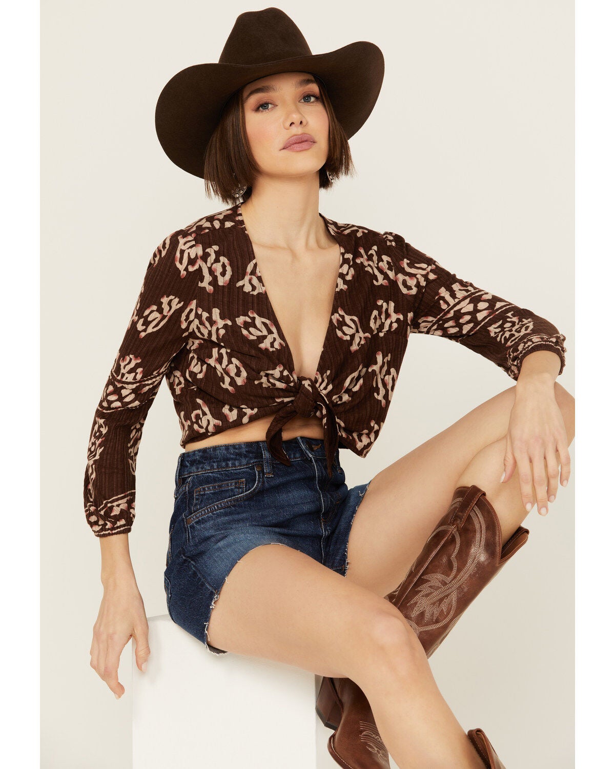 Shyanne Women's Printed Tie Front Long Sleeve Cropped Top, Dark Brown, hi-res