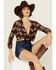 Image #1 - Shyanne Women's Printed Tie Front Long Sleeve Cropped Top, Dark Brown, hi-res