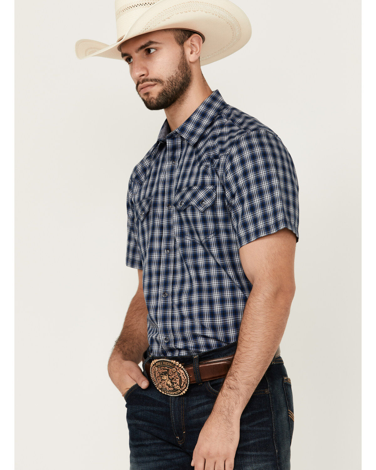 Image #2 - Cody James Men's Salud Plaid Print Short Sleeve Snap Western Shirt, Navy, hi-res