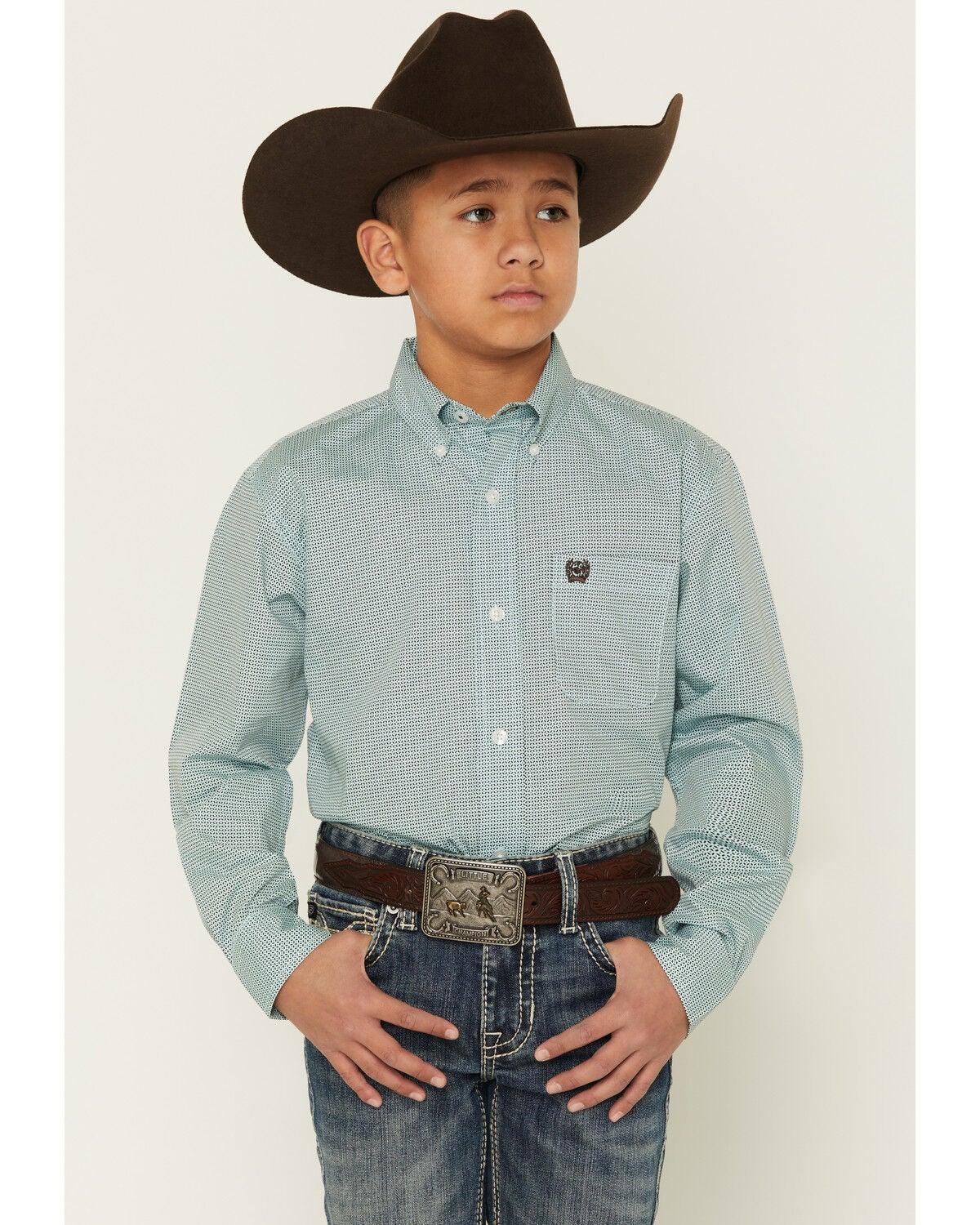 Image #1 - Cinch Boys' Geo Print Long Sleeve Button-Down Western Shirt, Blue, hi-res