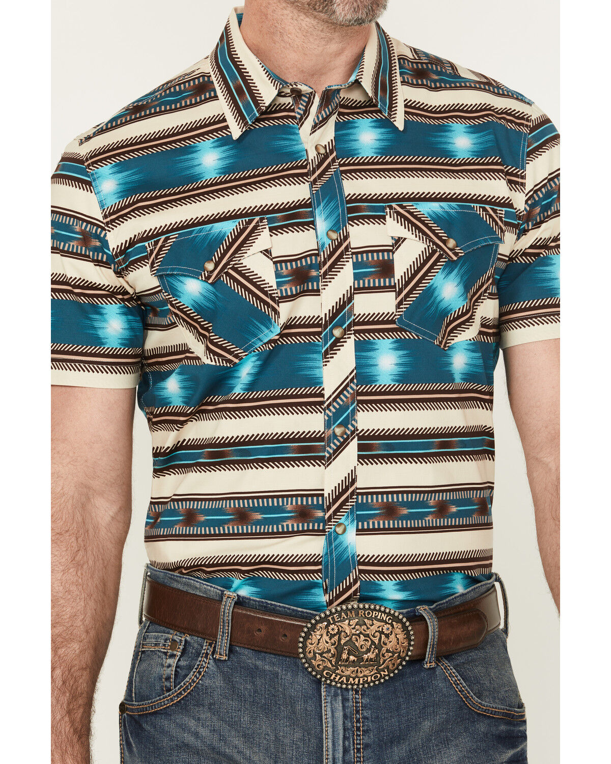Image #3 - Rock & Roll Denim Men's Southwestern Striped Short Sleeve Snap Stretch Western Shirt, Turquoise, hi-res