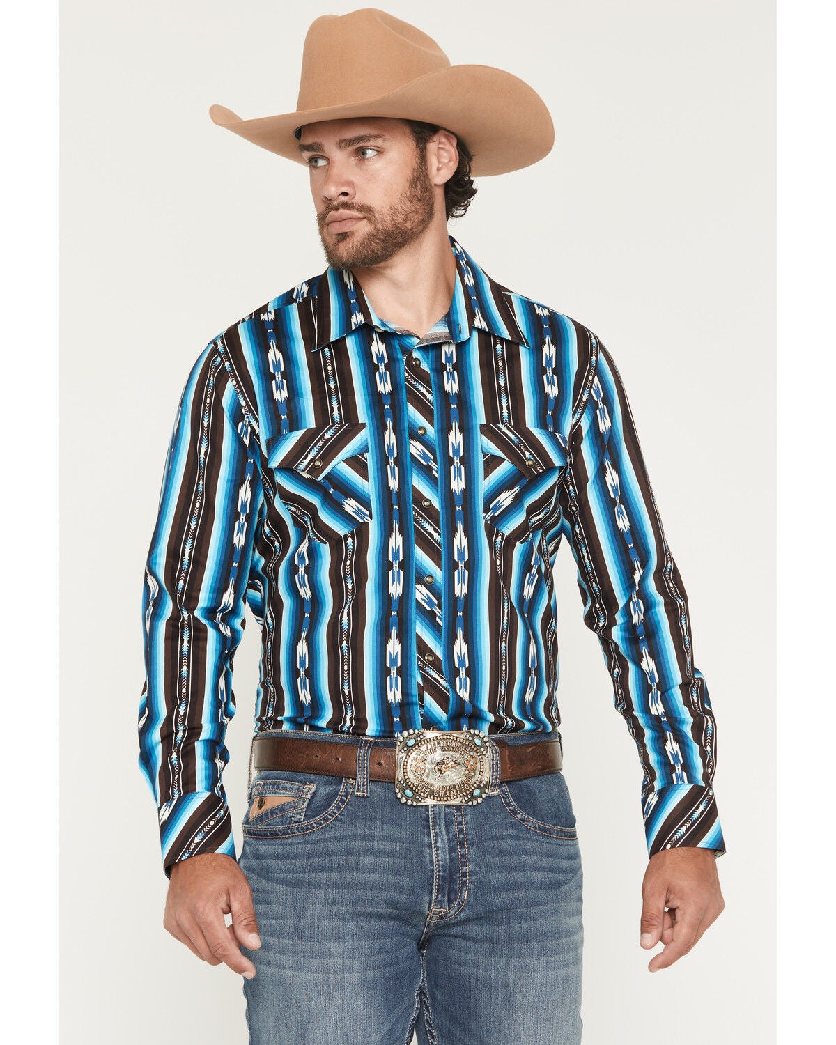 Rock & Roll Denim Men's Southwestern Striped Long Sleeve Snap Western Shirt, Teal, hi-res