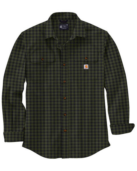 Carhartt Men's Loose Fit Heavyweight Plaid Print Long Sleeve Button-Down Work Shirt, Loden, hi-res