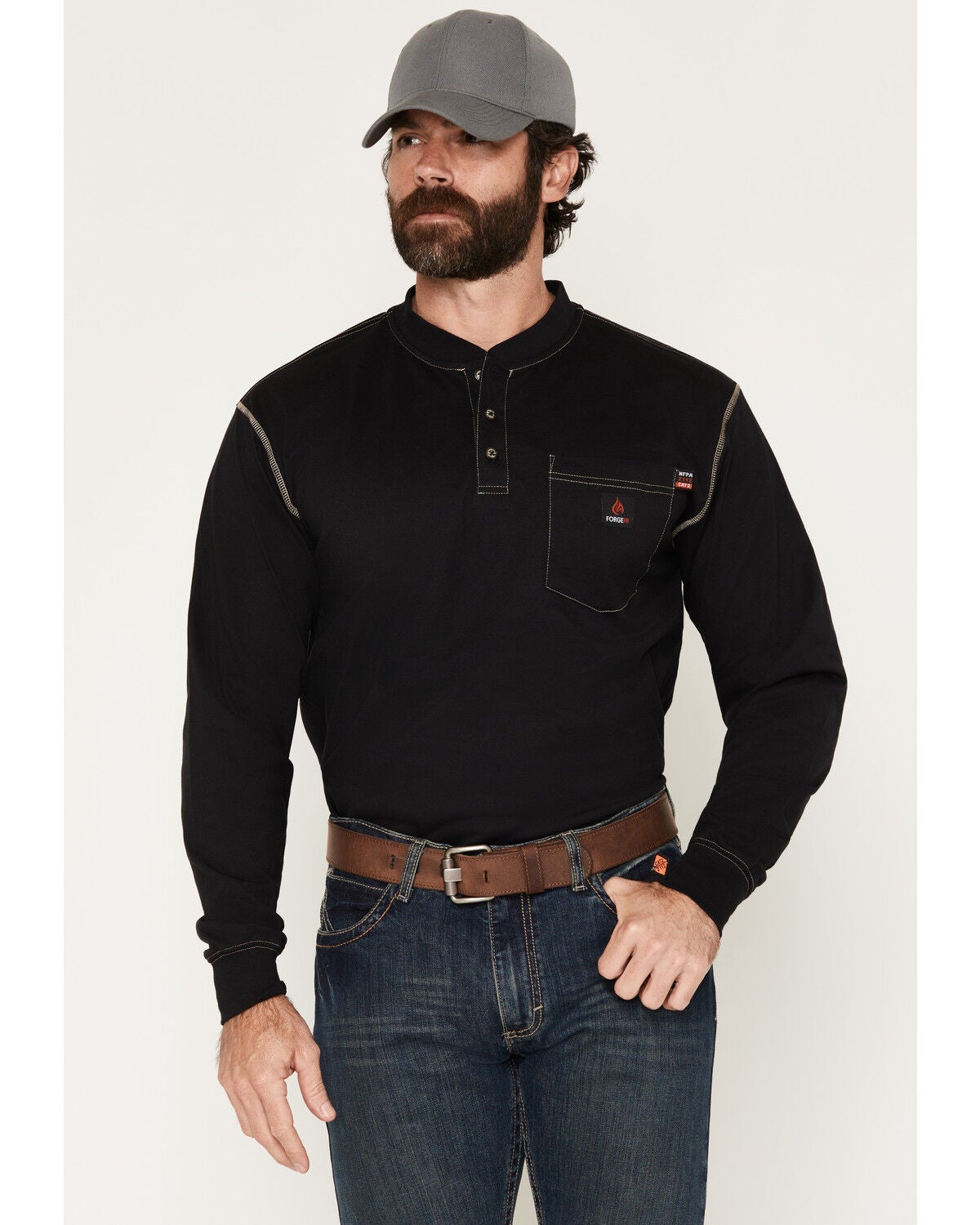 Forge Workwear Men's FR Lightweight Long Sleeve 1/4 Button-Down Henley Work Shirt, Black, hi-res