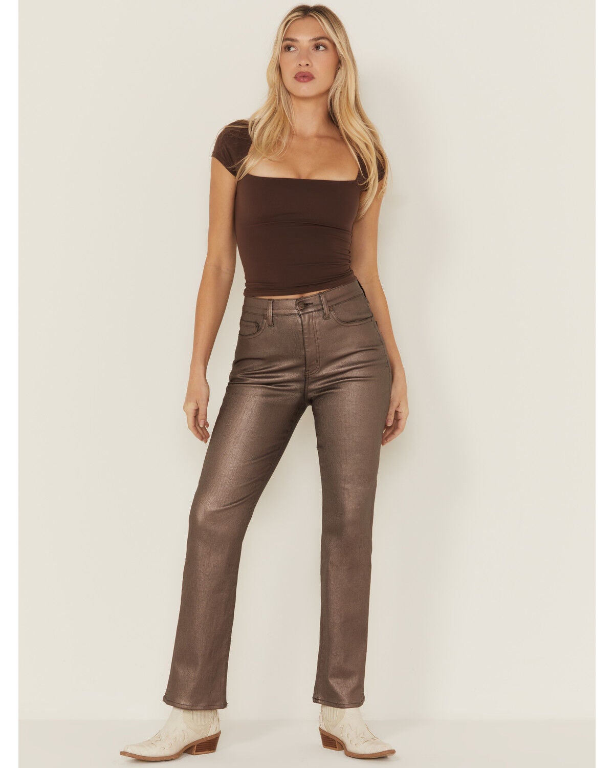 Daze Women's Sundaze High Rise Cropped Coated Stretch Pants, Brown, hi-res
