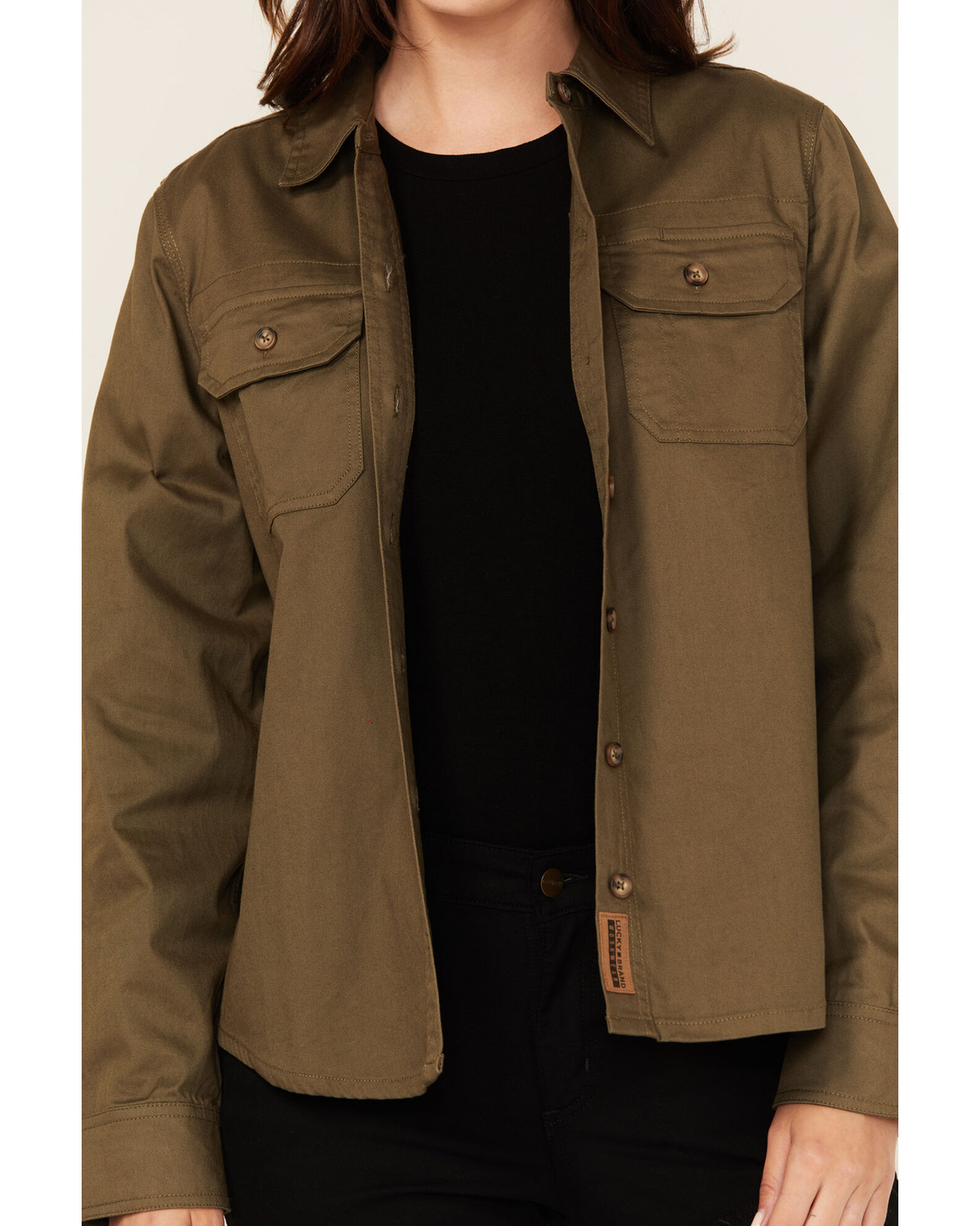 Image #3 - Lucky Brand Workwear Women's Solid Twill Long Sleeve Button-Down Stretch Work Shirt, Olive, hi-res