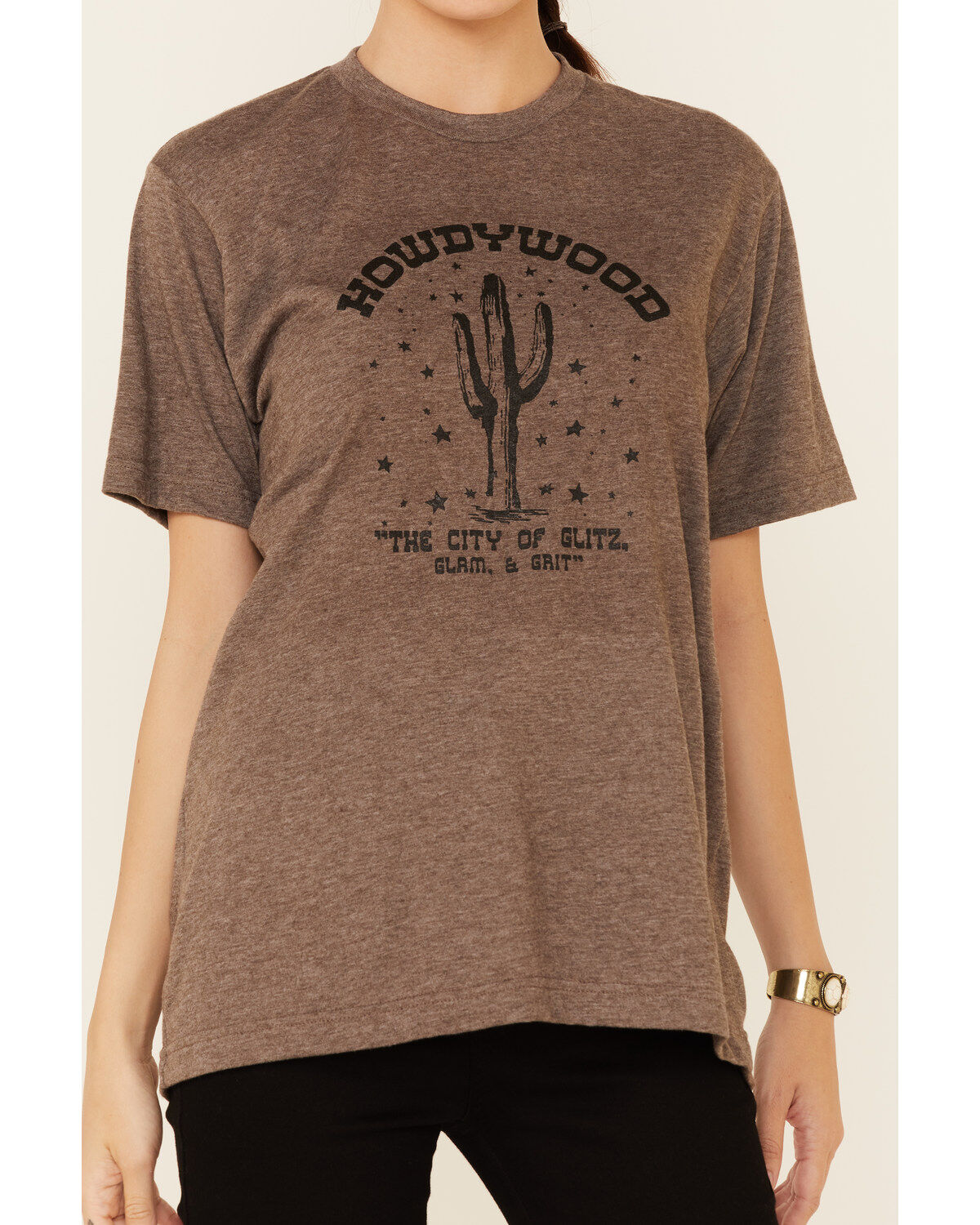 Image #3 - Ali Dee Women's Heather Brown Howdywood Graphic Short Sleeve Tee, Brown, hi-res