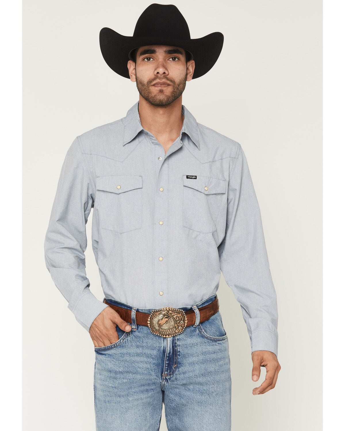 Wrangler ATG Men's Drover Utility Solid Long Sleeve Snap Western Shirt, Grey, hi-res