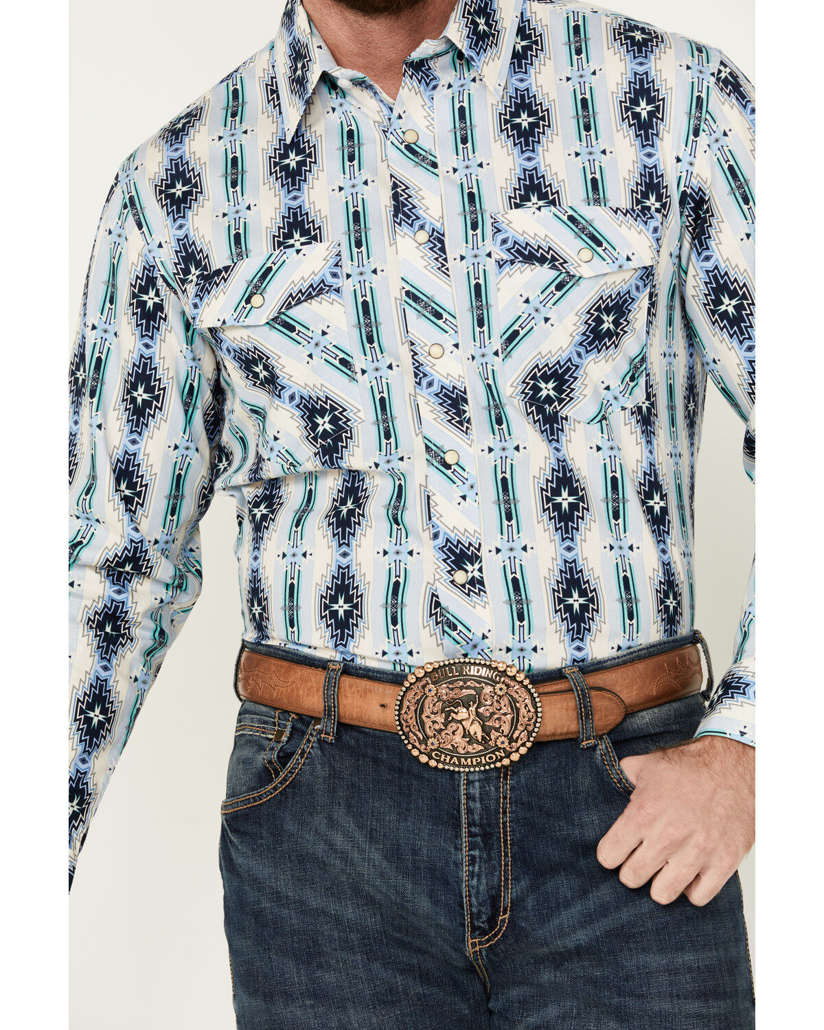 Image #3 - Panhandle Men's Southwestern Print Long Sleeve Pearl Snap Western Shirt, Cream, hi-res