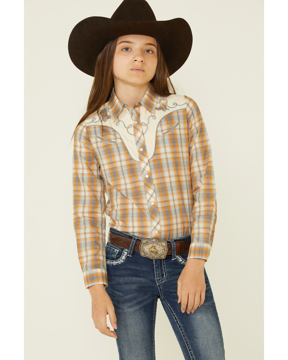 Image #1 - Roper Girls' Plaid Print Fancy Applique Yoke Long Sleeve Pearl Snap Western Shirt, Mustard, hi-res