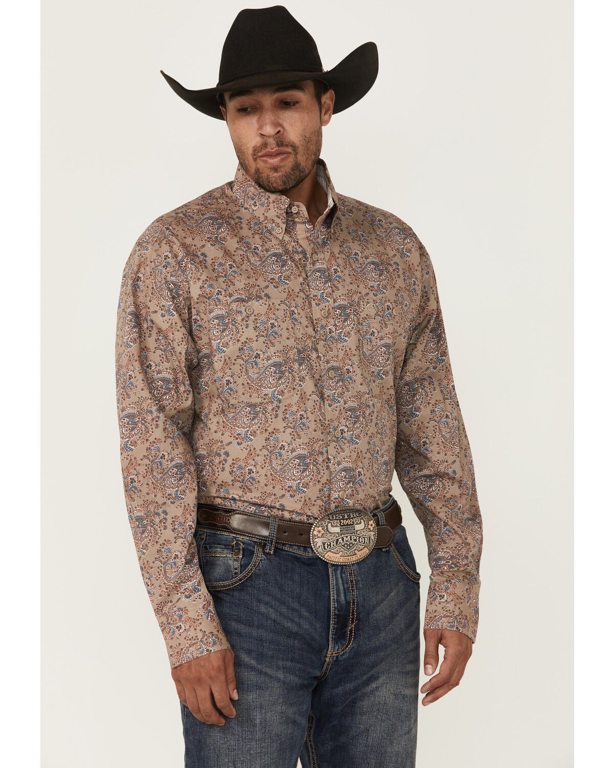 George Strait by Wrangler Men's Paisley Print Long Sleeve Button-Down Stretch Western Shirt, Brown, hi-res