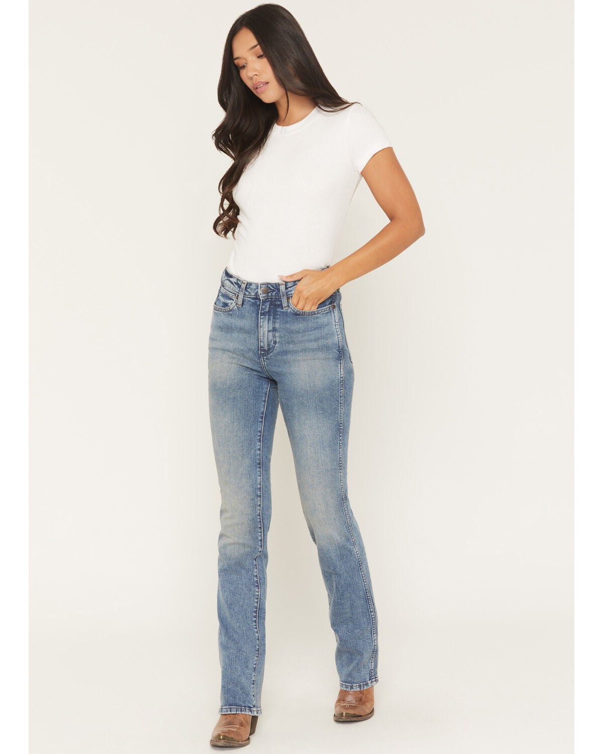 Image #1 - Wrangler Women's Dark Wash Mid Rise Bootcut Stretch Denim Jeans, Dark Wash, hi-res