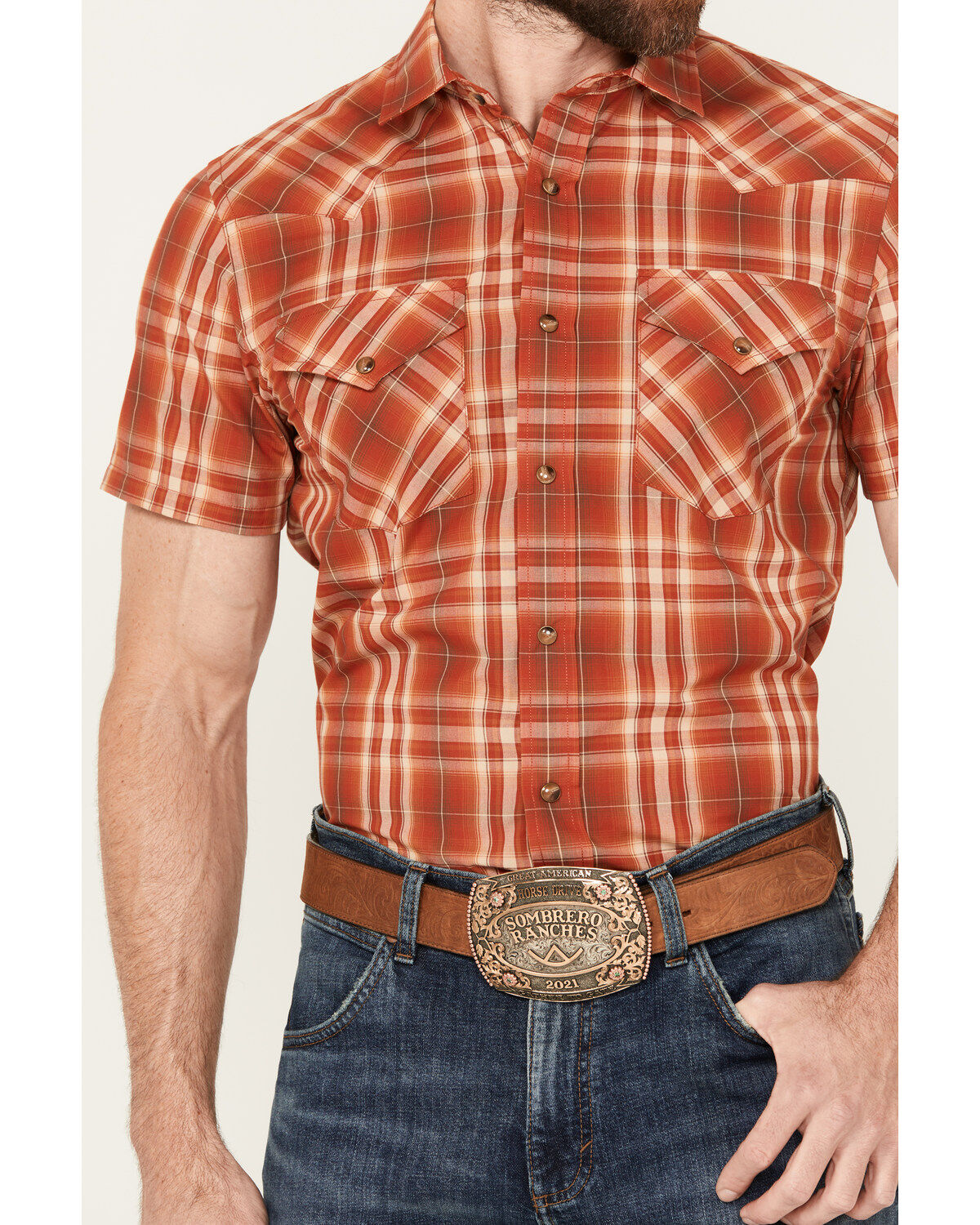 Image #3 - Pendleton Men's Frontier Plaid Print Short Sleeve Snap Western Shirt, Rust Copper, hi-res