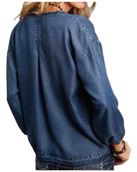 Stetson Women's Denim Tencel 3/4 Sleeve Pesasant Top , Blue, hi-res