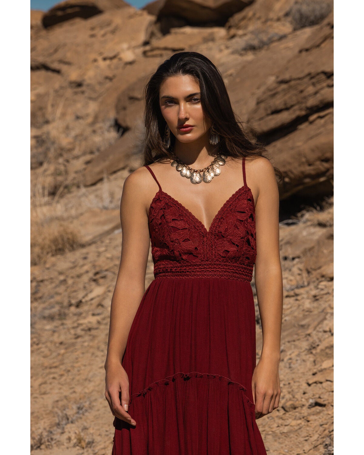Image #2 - Shyanne Women's Aerie Crochet Front High-Low Midi Dress, Burgundy, hi-res