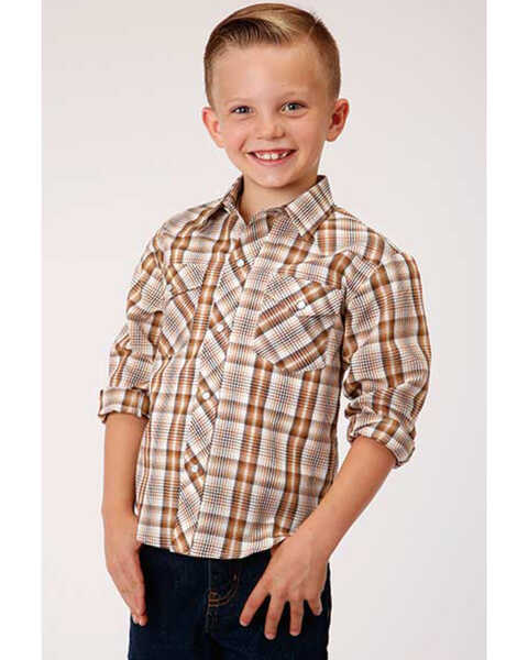 Image #1 - Roper Boys' Classic Brown Plaid Long Sleeve Western Shirt , Brown, hi-res