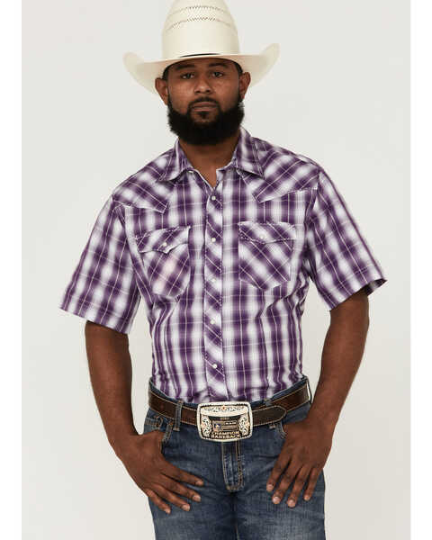 Wrangler Men's Plaid Fashion Snap Western Shirt , Purple, hi-res
