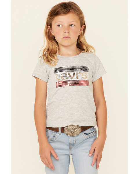 Levi's Little Girls' Logo Love Sequin Short Sleeve Tee , Grey, hi-res