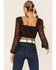 Lush Women's Lace Trim Rose Long Sleeve Crop Blouse, Black, hi-res