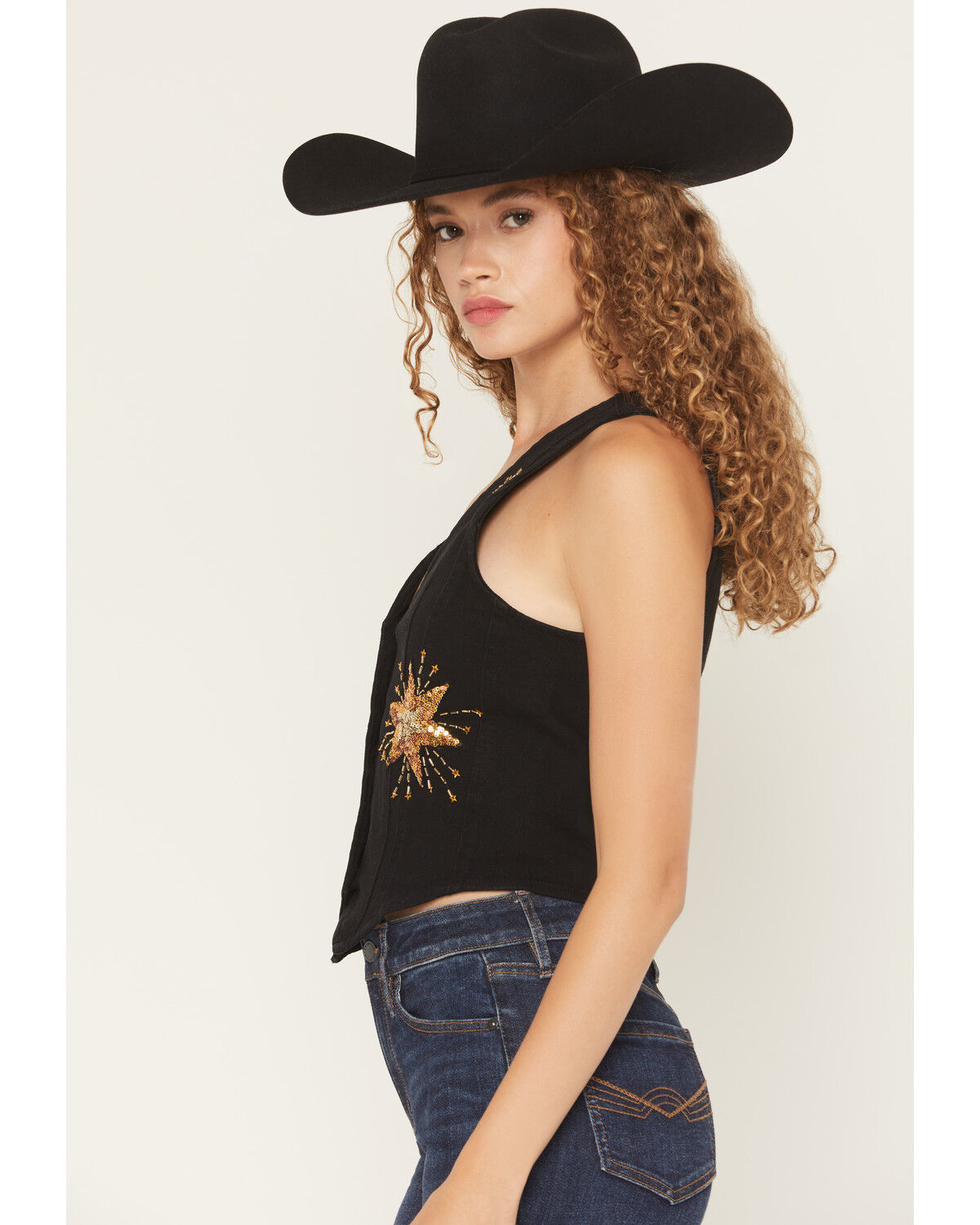 Image #2 - Blue B Women's Star Sequins Denim Vest, Black, hi-res