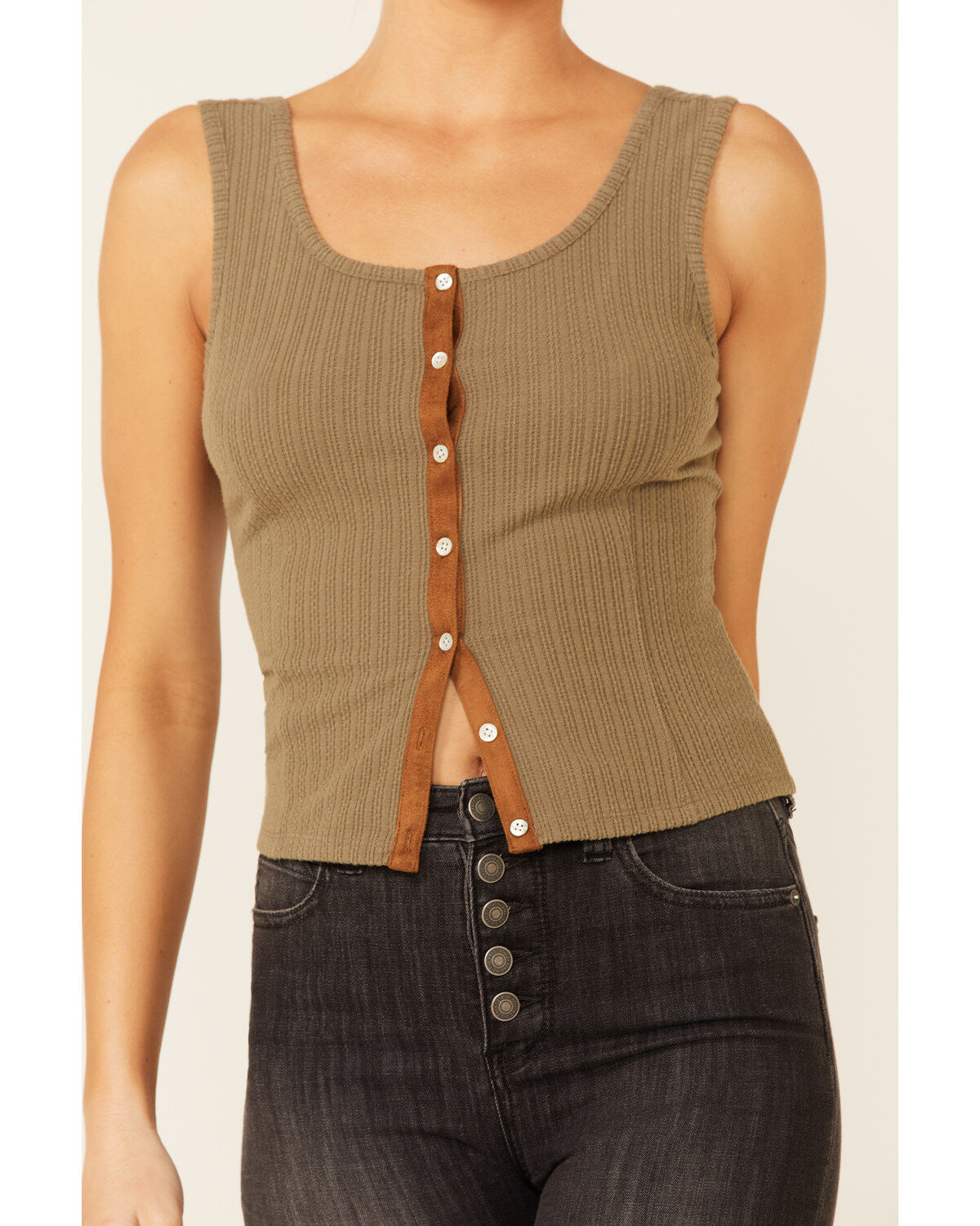 Image #3 - Shyanne Women's Ribbed Suede Placket Button-Down Tank Top, Olive, hi-res