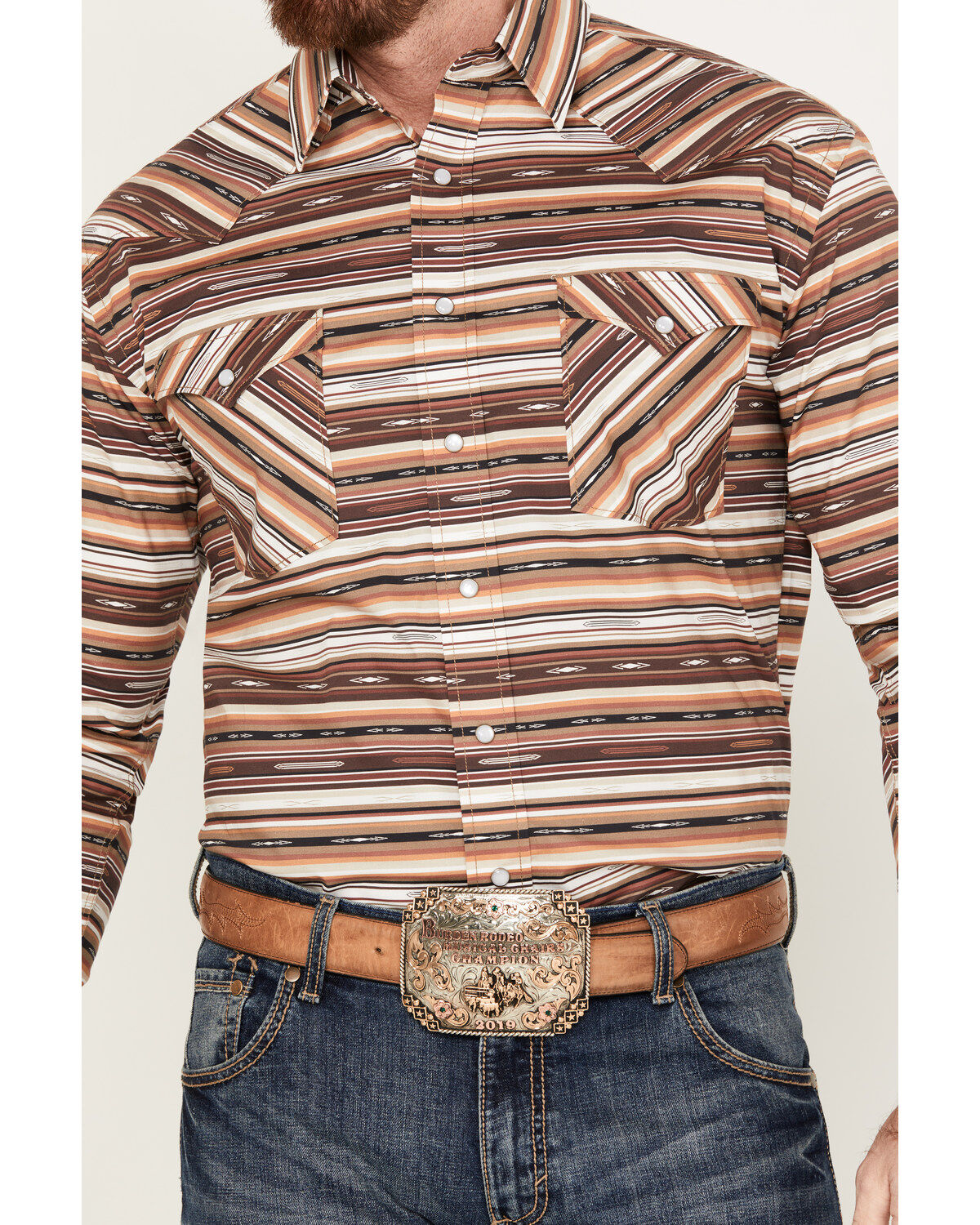 Image #3 - Rough Stock by Panhandle Men's Southwestern Striped Long Sleeve Western Pearl Snap Shirt, Brown, hi-res