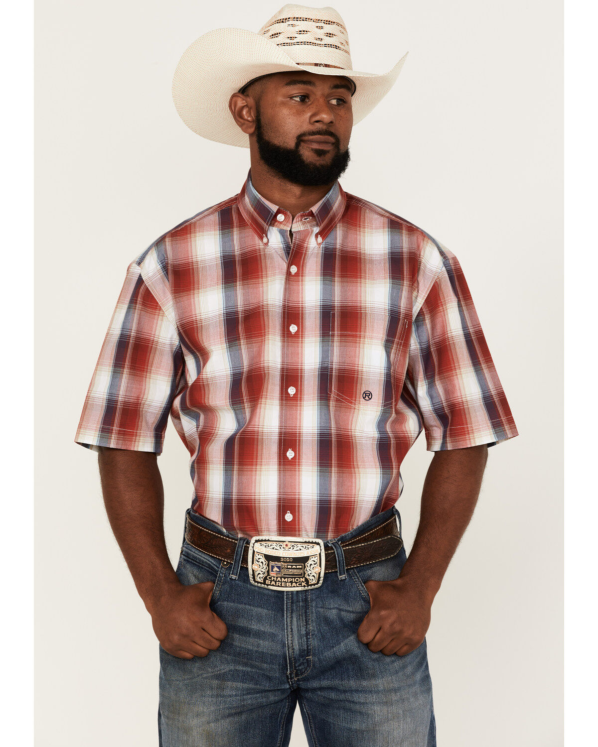 Image #1 - Roper Men's Liberty Bell Large Apple Plaid Short Sleeve Button Down Western Shirt, , hi-res