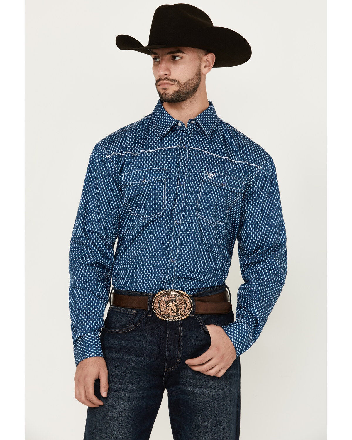 Cowboy Hardware Men's Fleur de Cowboy Print Long Sleeve Pearl Snap Western Shirt, Navy, hi-res