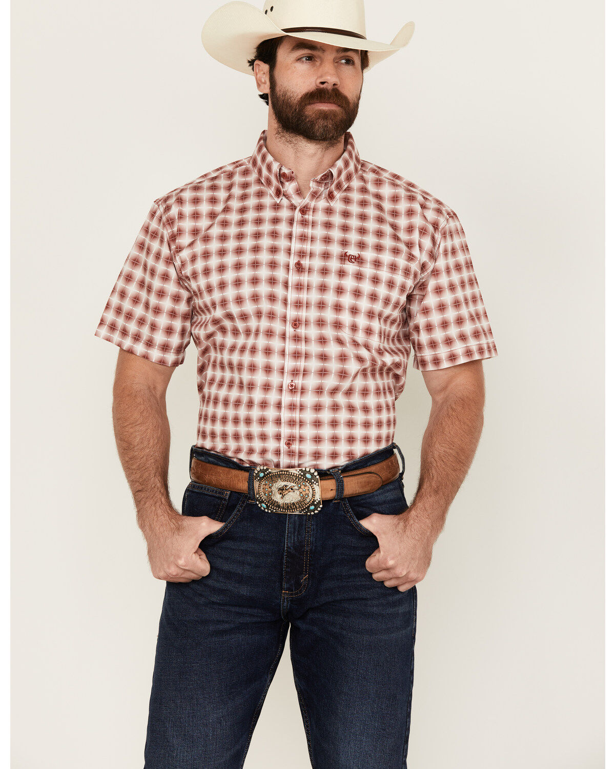 Image #1 - Cowboy Hardware Men's Boot Barn Exclusive Cube Plaid Print Short Sleeve Button-Down Western Shirt, Burgundy, hi-res