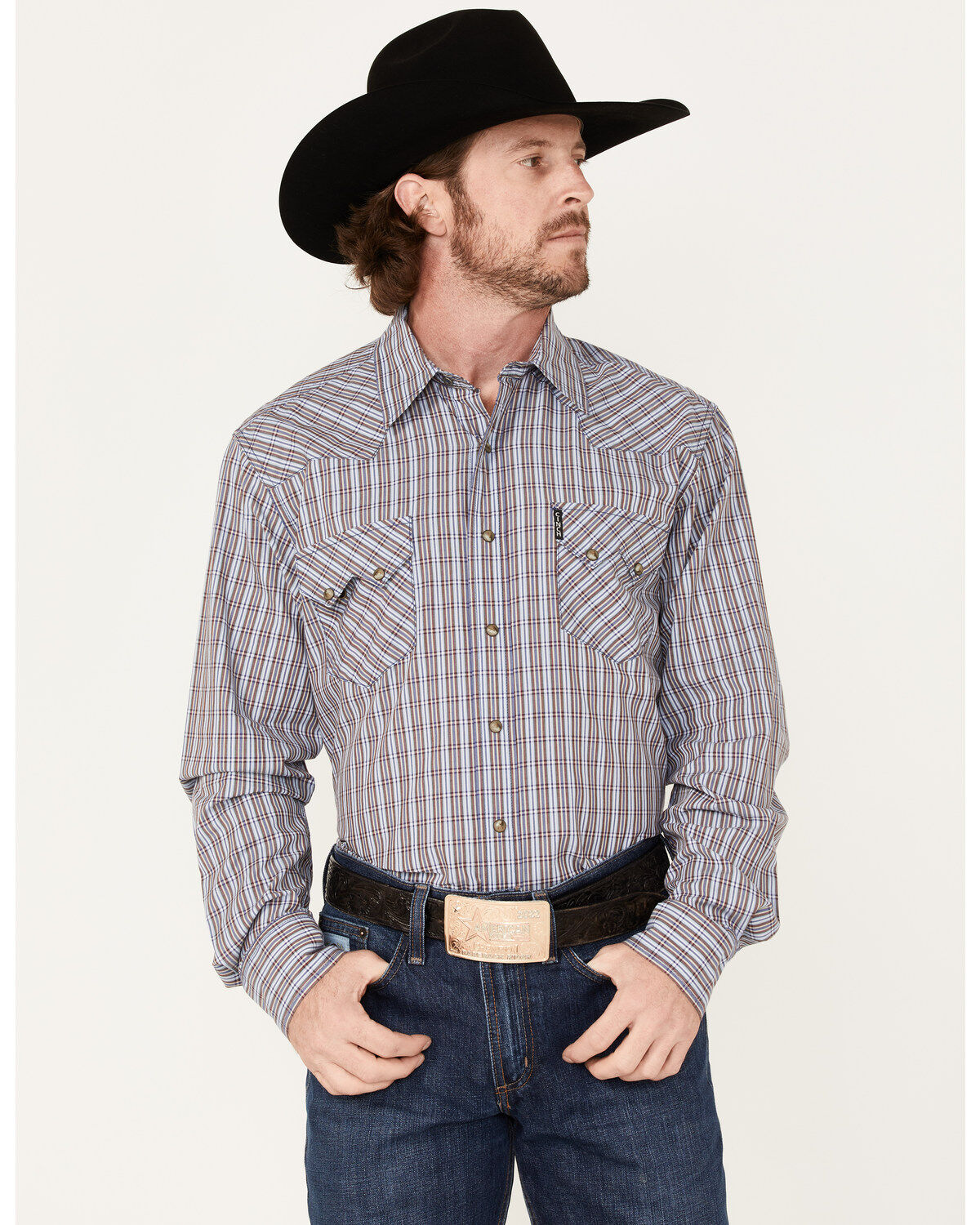Image #1 - Cinch Men's Modern Fit Small Plaid Snap Western Shirt, Blue, hi-res
