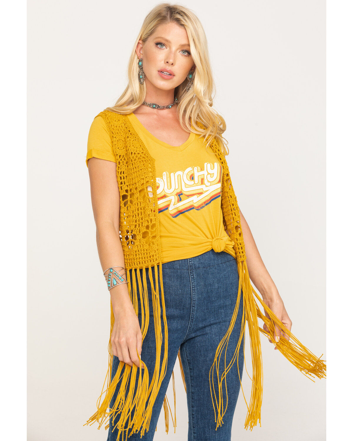 Image #1 - Rock & Roll Denim Women's Crochet Long Fringe Vest, , hi-res