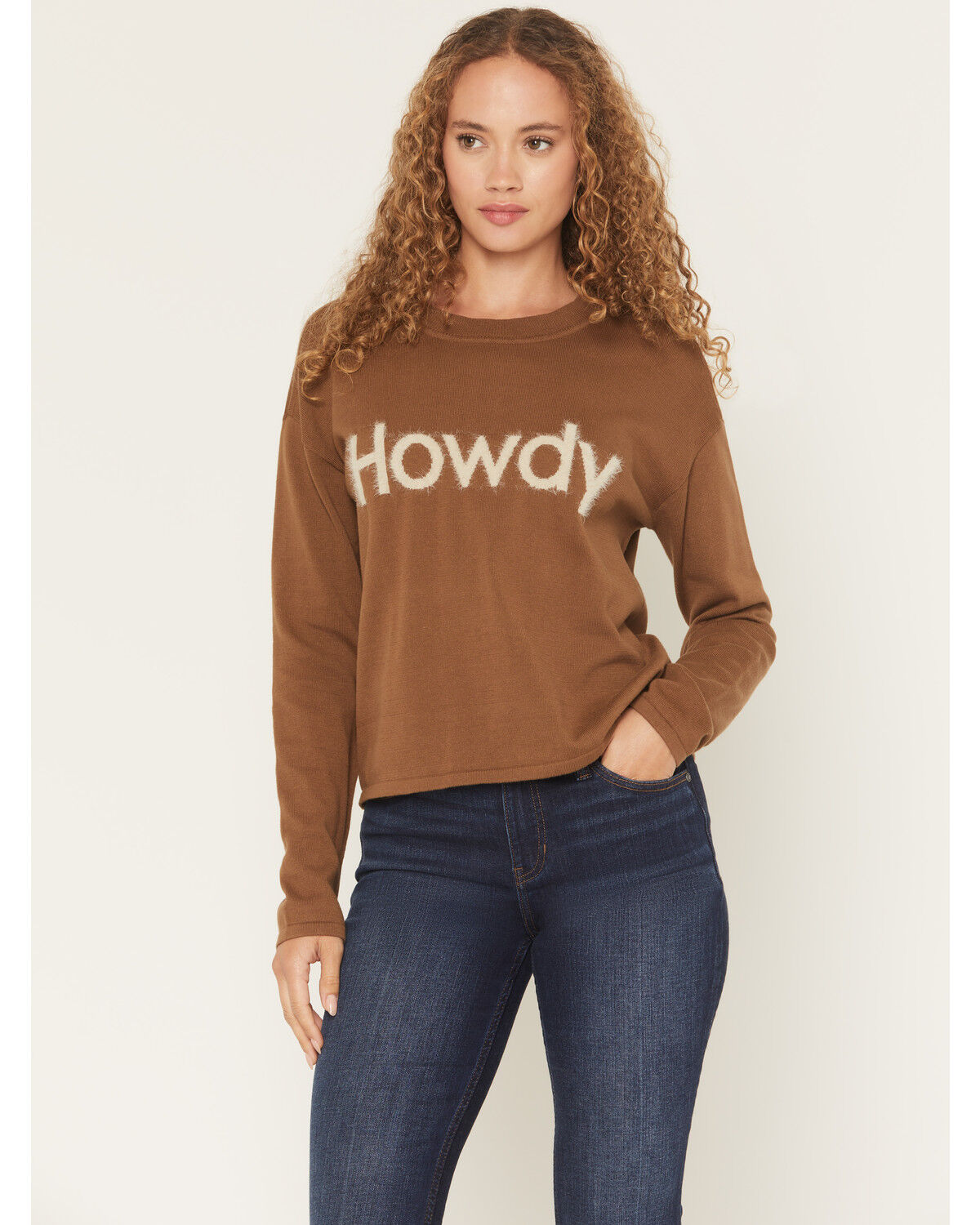 Shyanne Women's Howdy Long Sleeve Sweater, Khaki, hi-res