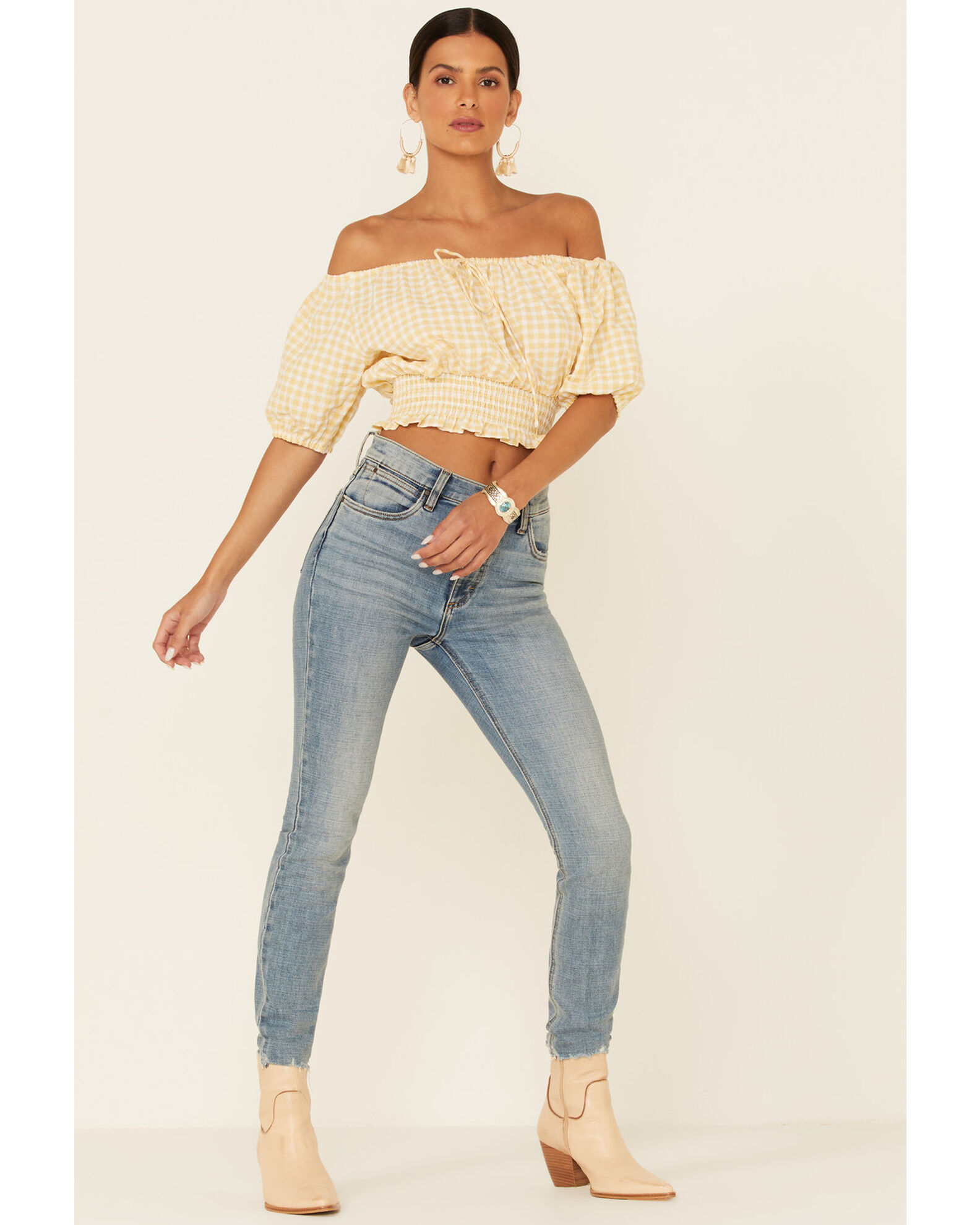 Beyond The Radar Women's Gingham Off-Shoulder Peasant Crop Top | Boot Barn