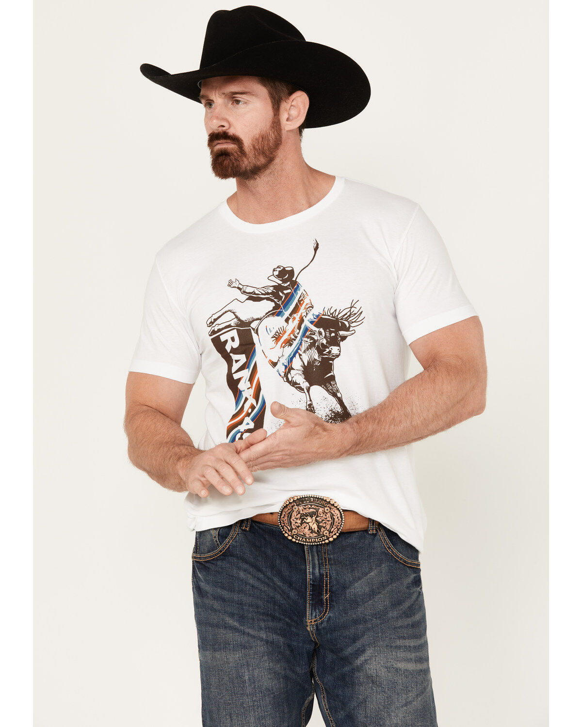 Image #1 - RANK 45® Men's Neil Holmes Bull Rider Short Sleeve Graphic T-Shirt, White, hi-res