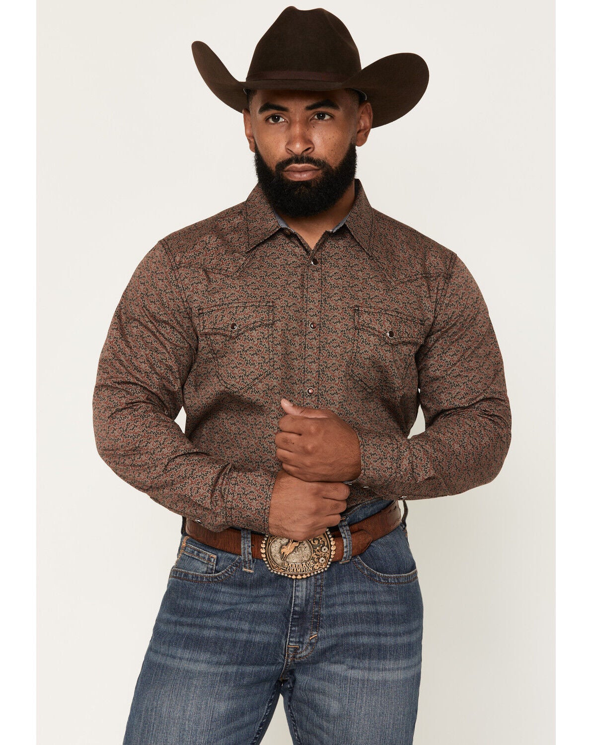 Image #1 - Cody James Men's Fireball Geo Print Long Sleeve Snap Western Shirt - Big, Brown, hi-res