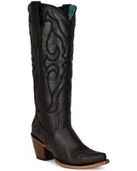 Corral Women's Matching Stitch Pattern & Inlay Tall Western Boots - Snip Toe, Black, hi-res