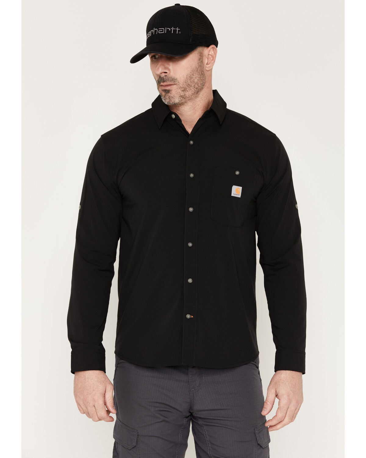 Carhartt Men's Force&reg; Sun Defender&trade; Relaxed Fit Lightweight Long Sleeve Button-Down Work Shirt, Black, hi-res