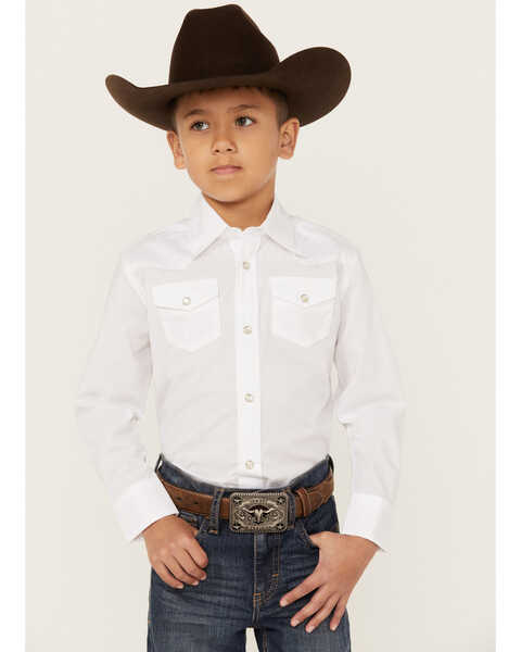 Wrangler Boy's Dress Western Solid Snap Shirt, White, hi-res