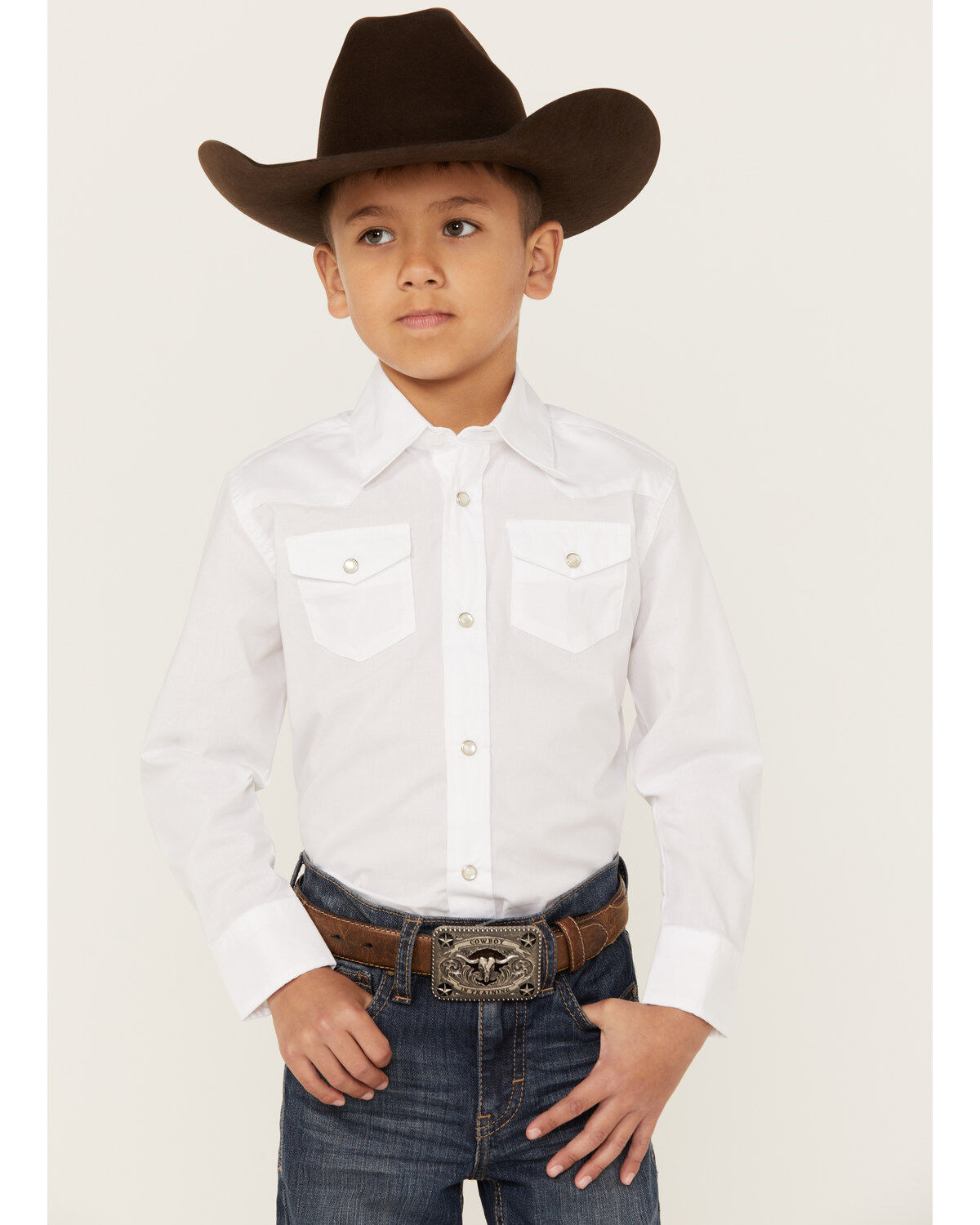 Image #1 - Wrangler Boy's Dress Western Solid Snap Shirt, White, hi-res