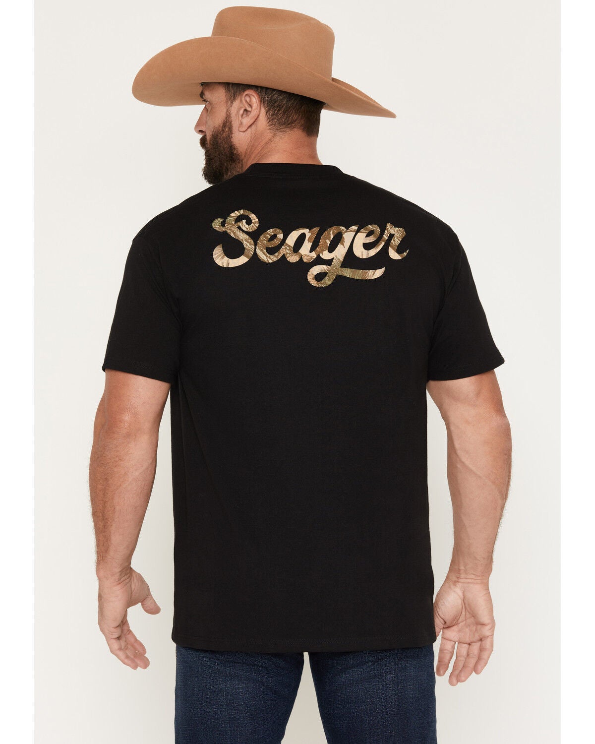 Seager Men's Russ Fill Camo Print Logo Short Sleeve Graphic T-Shirt, Black, hi-res