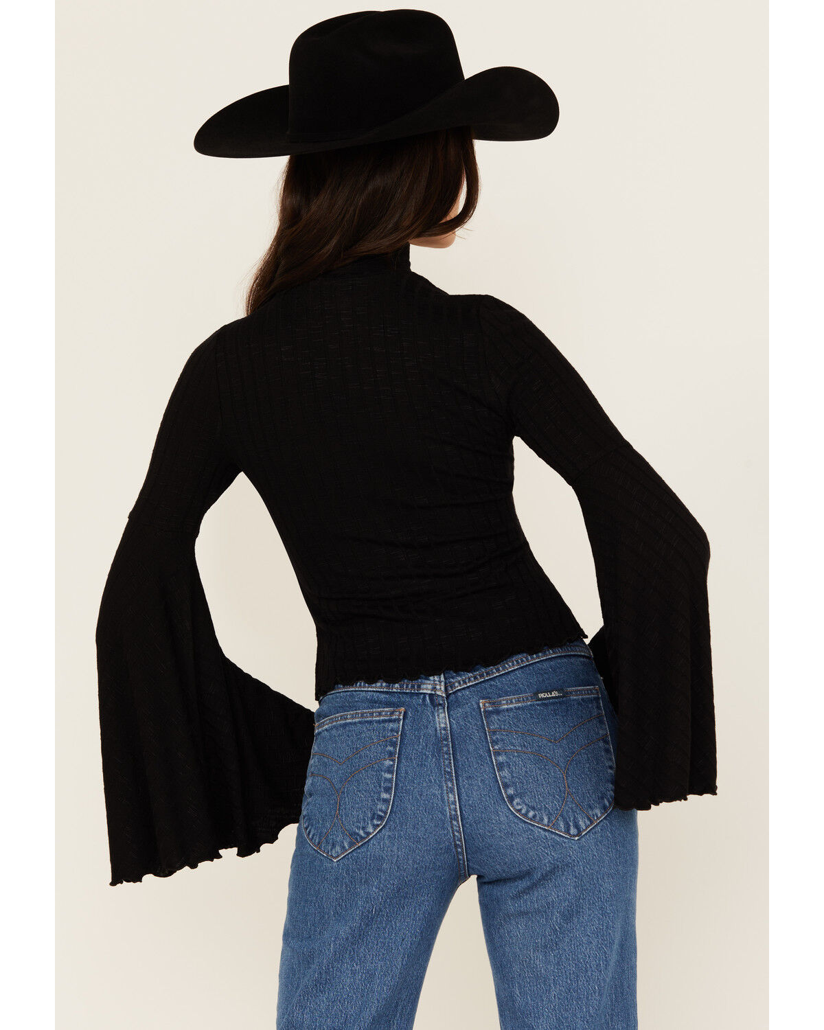 Image #4 - Shyanne Women's Mock Neck Long Bell Sleeve Top, Black, hi-res