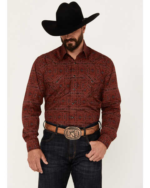 Rough Stock by Panhandle Men's Southwestern Print Long Sleeve Snap Western Shirt, Burgundy, hi-res