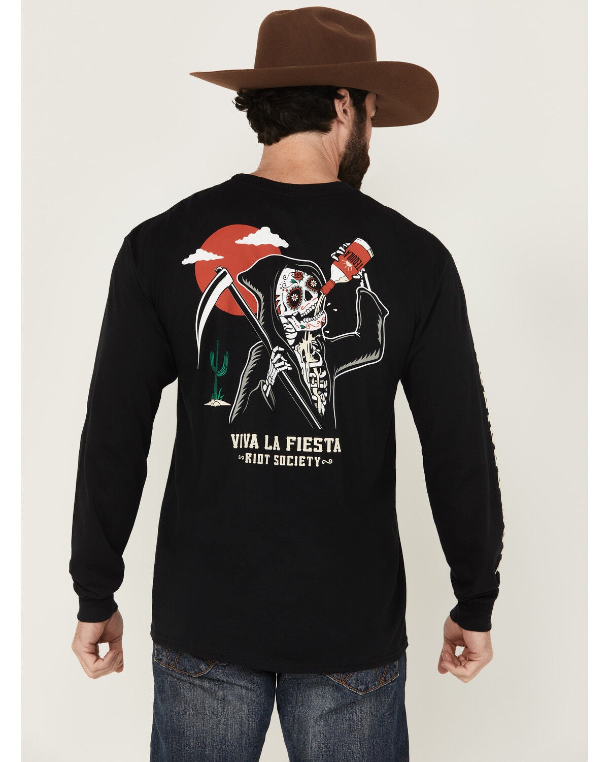 Riot Society Men's Viva La Fiesta Reaper Long Sleeve Graphic T-Shirt, Black, hi-res
