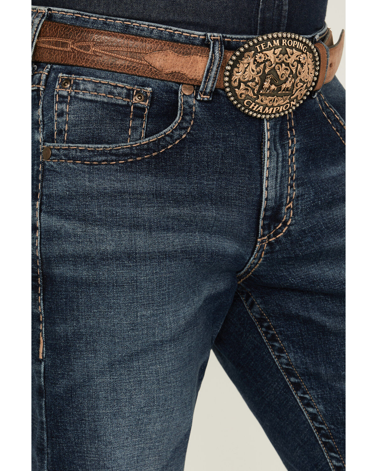 Image #2 - Rock 47 by Wrangler Men's Cowboy Hat Dark Wash Slim Bootcut Stretch Denim Jeans, Dark Medium Wash, hi-res