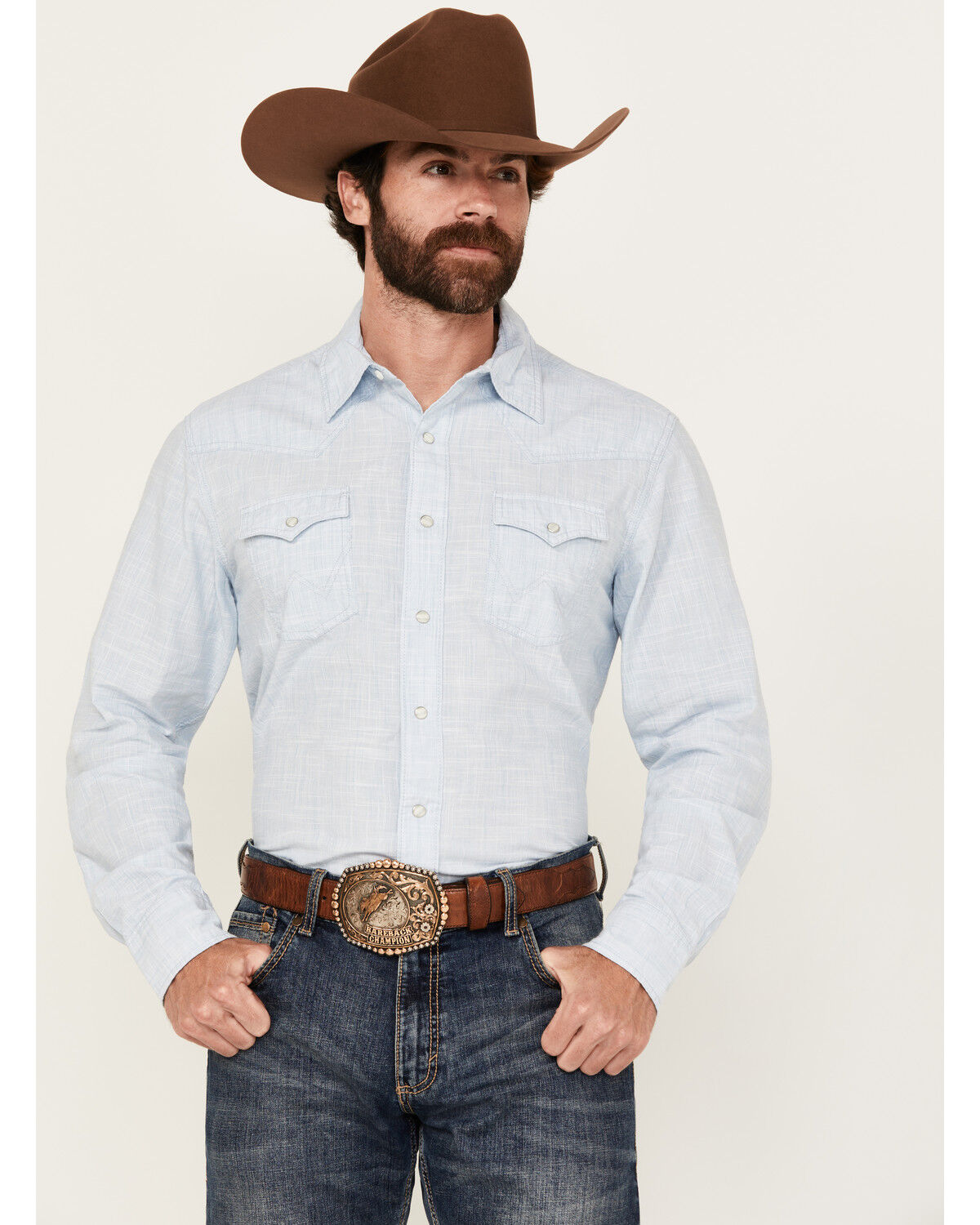 Image #1 - Wrangler Retro Men's Retro Solid Long Sleeve Snap Western Shirt, Light Blue, hi-res