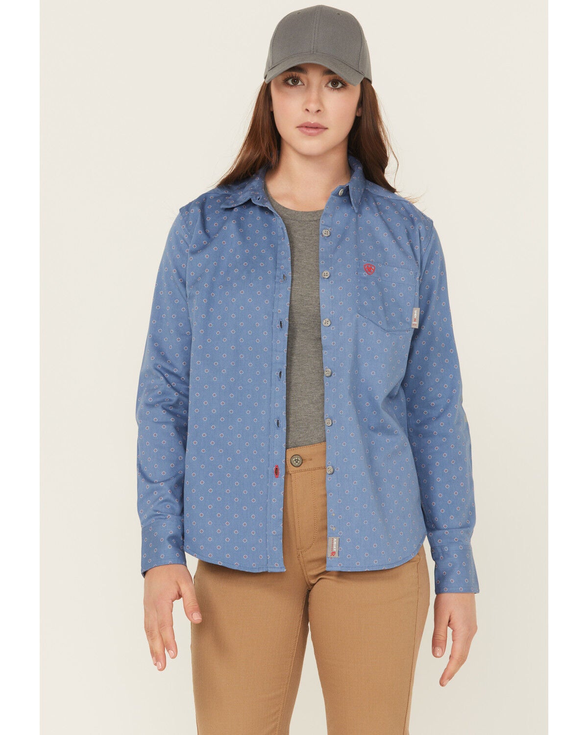 Ariat Women's FR Brooke Geo Print Long Sleeve Button-Down Work Shirt, Blue, hi-res