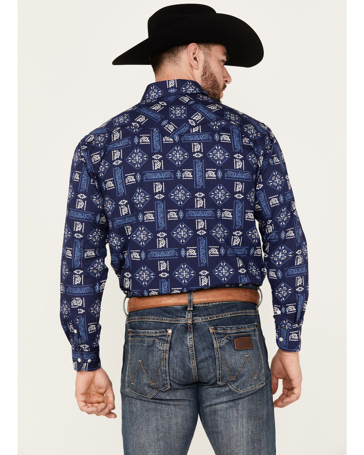 Image #4 - Rough Stock by Panhandle Men's Bandana Southwestern Long Sleeve Snap Western Shirt, Navy, hi-res
