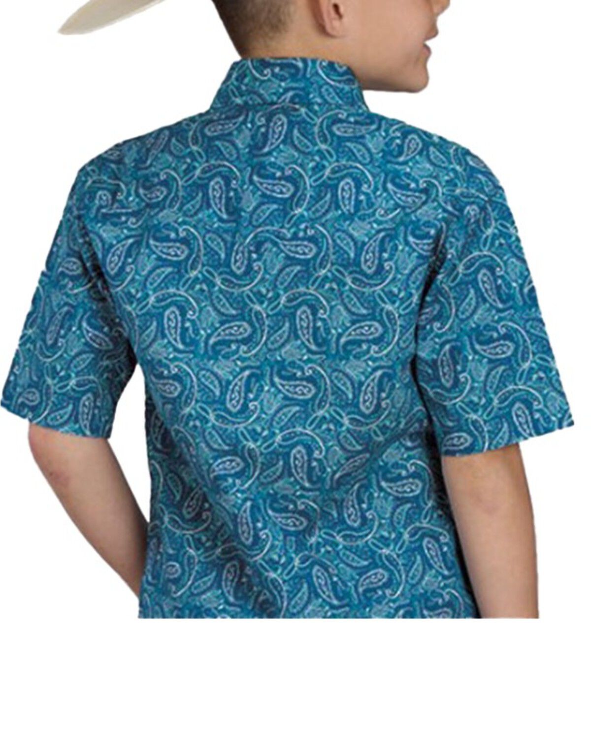 Image #2 - Roper Boys' Paisley Print Short Sleeve Snap Western Shirt, Blue, hi-res