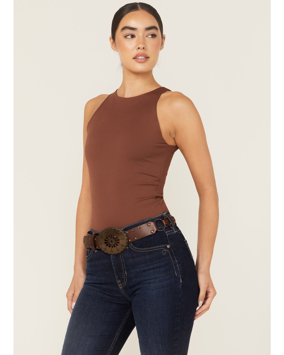 Shyanne Women's Leather Concho Belt with Rings, Brown, hi-res